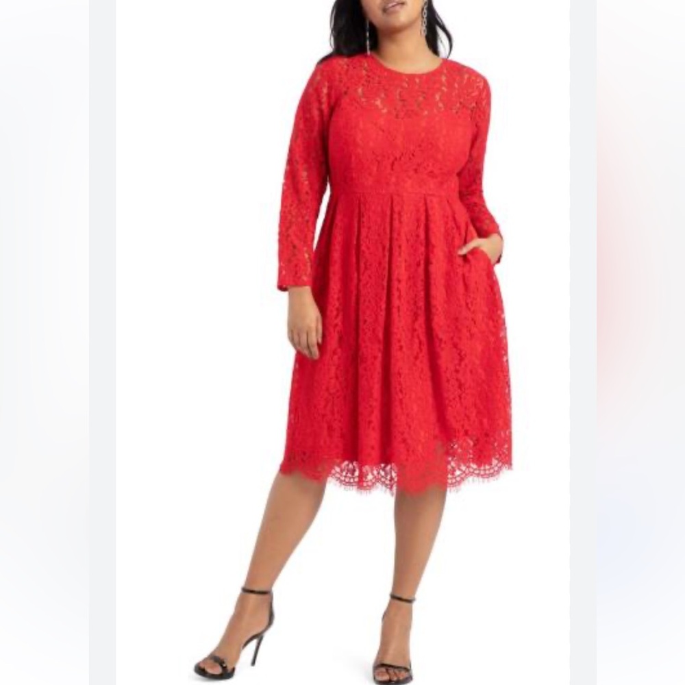 BRAND NEW Eloquii Lace Long Sleeve Fit & Flare Dress in Red